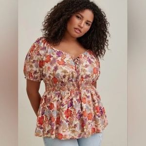 Torrid Floral Georgette Eyelet Smocked Waist Puff Sleeve Blouse Top